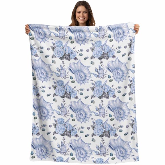Flannel Fleece Throw Blanket Summer Ocean Sea Shell Flower Lightweight Soft Plush Blankets,Seamless Conch Nautilus on White Cozy Warm Throw Blanket for Couch Sofa Bed Car Office 40x50in