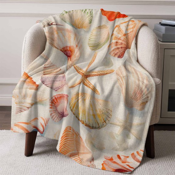 Flannel Fleece Throw Blanket Summer Ocean Starfish Shell Lightweight Soft Plush Blankets,Seaside Beach Retro Linen Cozy Warm Throw Blanket for Couch Sofa Bed Car Office All Season Use 50x60in