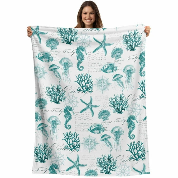 Flannel Fleece Throw Blanket Summer Ocean Teal Starfish Shell Lightweight Soft Plush Blankets,Vintage Nautical Coral Cozy Warm Throw Blanket for Couch Sofa Bed Car Office 40x50in