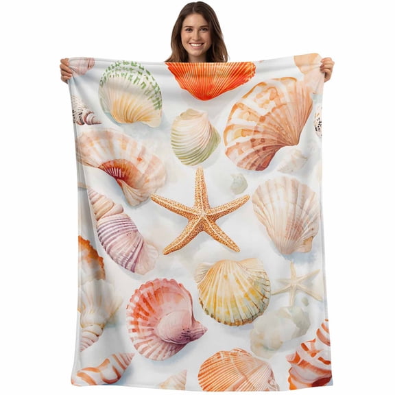 Flannel Fleece Throw Blanket Summer Seaside Shell Starfish Conch Lightweight Soft Plush Blankets,Coastal Nautical Theme Cozy Warm Throw Blanket for Couch Sofa Bed Car Office All Season Use 40x50in