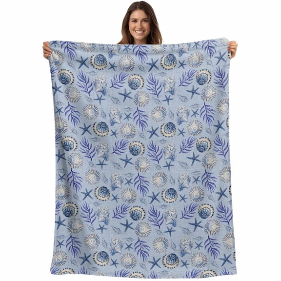 Flannel Fleece Throw Blanket Summer Starfish Shell Conch Seamless Lightweight Soft Plush Blankets,Retro Blue Linen Cozy Warm Throw Blanket for Couch Sofa Bed Car Office All Season Use 40x50in