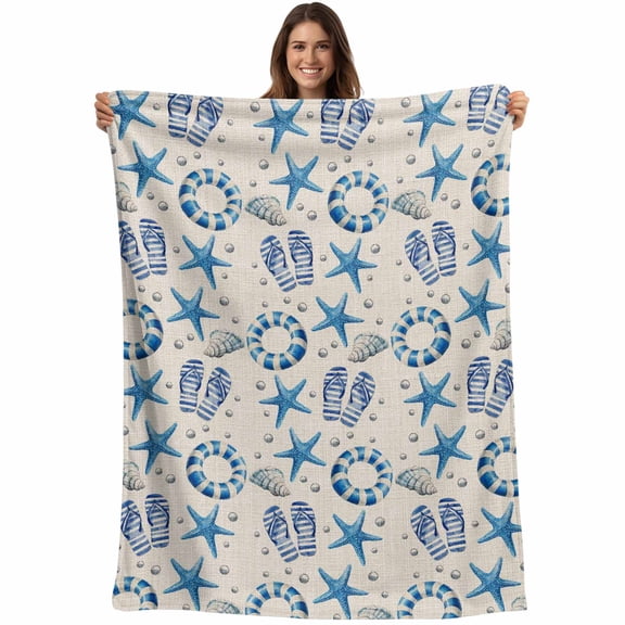 Flannel Fleece Throw Blanket Summer Starfish Shell Pearl Lightweight Soft Plush Blankets,Flip Flops Retro Linen Cozy Warm Throw Blanket for Couch Sofa Bed Car Office All Season Use 40x60in