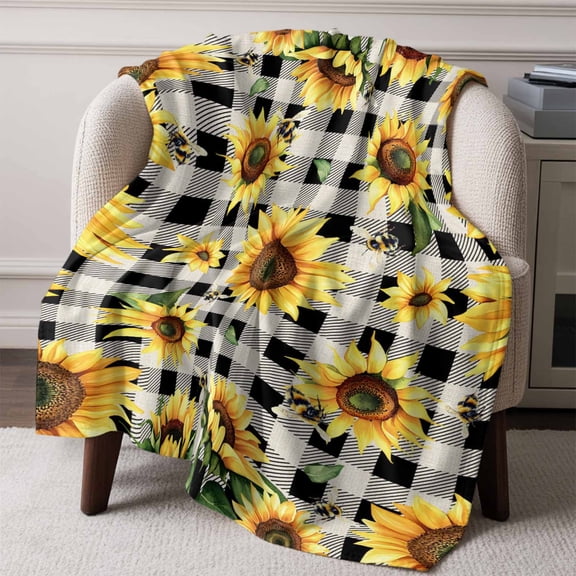 Flannel Fleece Throw Blanket Summer Sunflower Bee Spring Floral Watercolor Lightweight Soft Plush Blankets,Black Buffalo Check Cozy Warm Throw Blanket for Couch Sofa Bed Car Office 50x60in