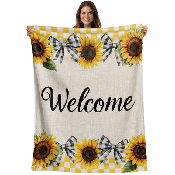 Flannel Fleece Throw Blanket Summer Sunflower Bow Welcome Quote Lightweight Soft Plush Blankets,Farm Plant Retro Linen Cozy Warm Throw Blanket for Couch Sofa Bed Car Office All Season Use 40x60in