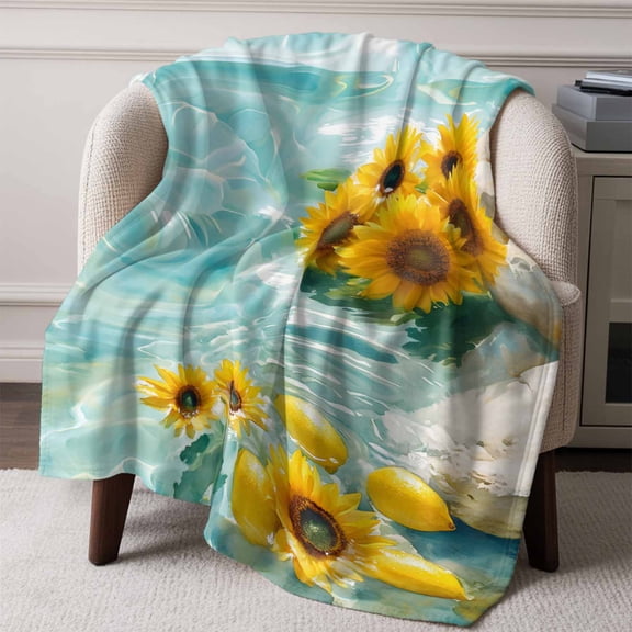 Flannel Fleece Throw Blanket Summer Sunflower Lemon Lightweight Soft Plush Blankets,Blue Gradient Water Ripple Cozy Warm Throw Blanket for Couch Sofa Bed Car Office All Season Use 50x60in