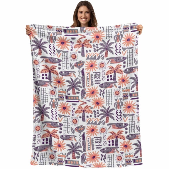 Flannel Fleece Throw Blanket Summer Tropical Palm Tree Orange Flower Lightweight Soft Plush Blankets,Abstract Fish Cozy Warm Throw Blanket for Couch Sofa Bed Car Office 40x50in