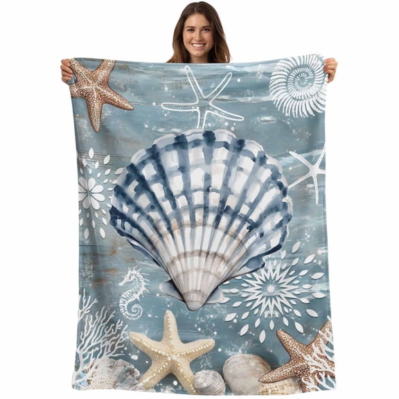Flannel Fleece Throw Blanket Summer Vintage Shell Starfish Lightweight Soft Plush Blankets,Nautical Coral Seahorse Cozy Warm Throw Blanket for Couch Sofa Bed Car Office 40x50in