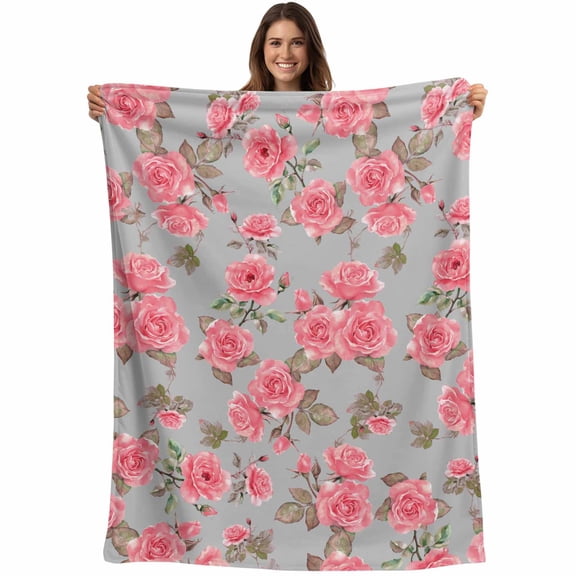 Flannel Fleece Throw Blanket Summer Watercolor Pink Rose Leaf on Grey Lightweight Soft Plush Blankets,Farmhouse Flowers Cozy Warm Throw Blanket for Couch Sofa Bed Car Office 40x50in