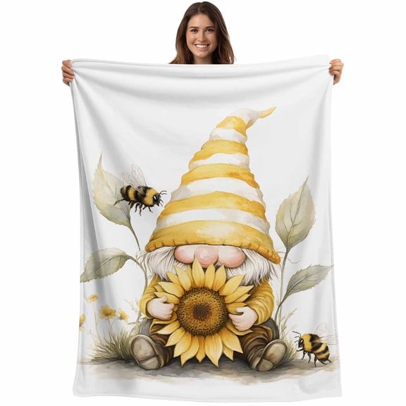 Flannel Fleece Throw Blanket Summer Yellow Cute Dwarf Bee on White Lightweight Soft Plush Blankets,Flower Leaves Cozy Warm Throw Blanket for Couch Sofa Bed Car Office 40x50in