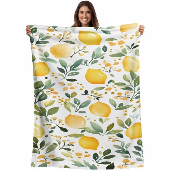 Flannel Fleece Throw Blanket Summer Yellow Lemon Green Leaf Lightweight Soft Plush Blankets,Farmhouse Fruit Plant Cozy Warm Throw Blanket for Couch Sofa Bed Car Office 40x50in