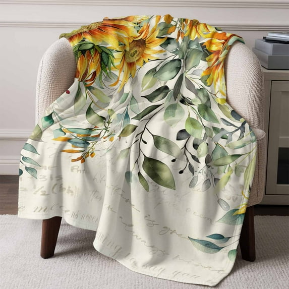 Flannel Fleece Throw Blanket Sunflower Green Eucalyptus Leaves Lightweight Soft Plush Blankets,Vintage Letter Cozy Warm Throw Blanket for Couch Sofa Bed Car Office All Season Use 50x60in