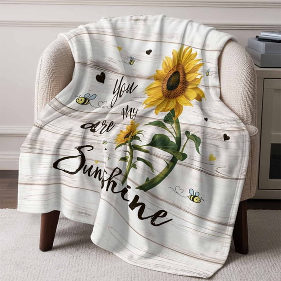 Flannel Fleece Throw Blanket Sunshine Sunflower Bee Love Lightweight Soft Plush Blankets,Farm Vintage Wood Board Cozy Warm Throw Blanket for Couch Sofa Bed Car Office All Season Use 60x80in