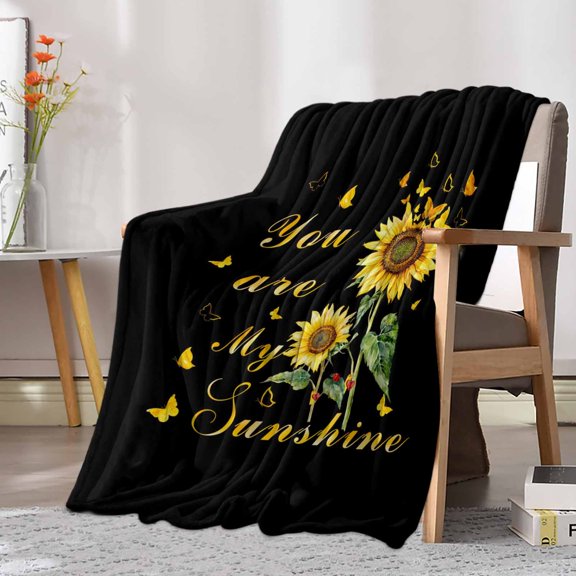 Flannel Fleece Throw Blanket My Sunshine Yellow Sunflower and Butterfly Lightweight Soft Plush Blankets 30x40in, Floral on Black Cozy Warm Throw Blanket for Couch Sofa Bed Car Office