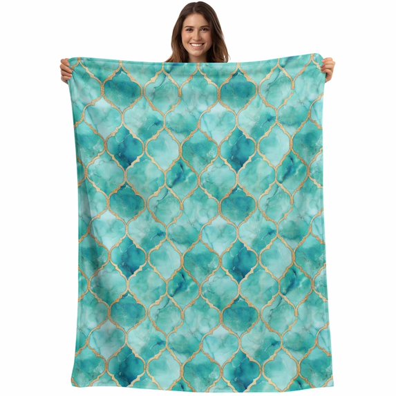 Flannel Fleece Throw Blanket Teal Gradient Moroccan Abstract Art Lightweight Soft Plush Blankets,Gold Stripe Turquoise Watercolor Cozy Warm Throw Blanket for Couch Sofa Bed Car Office 40x50in