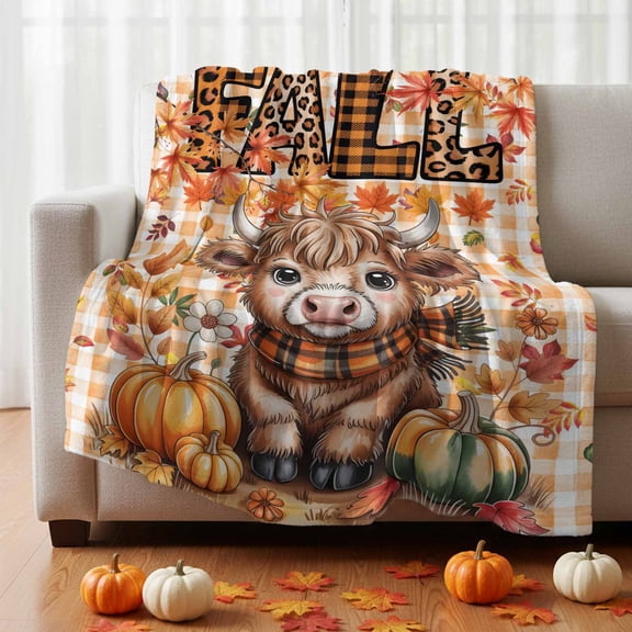 Flannel Fleece Throw Blanket Thanksgiving Highland Cattle Lightweight Soft Plush Blankets 30x40in, Fall Maple Leaf Orange Plaid Cozy Warm Throw Blanket for Couch Sofa Bed Car Office