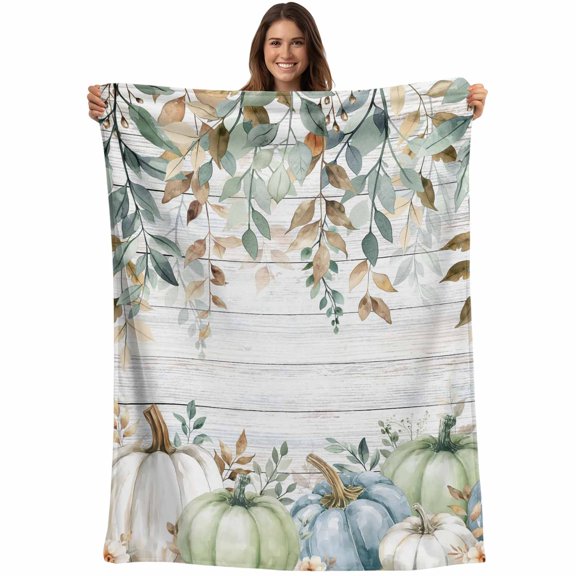 Flannel Fleece Throw Blanket Thanksgiving Pumpkin Fall Leaves Lightweight Soft Plush Blankets,Farm Retro Wood Board Cozy Warm Throw Blanket for Couch Sofa Bed Car Office All Season Use 40x50in