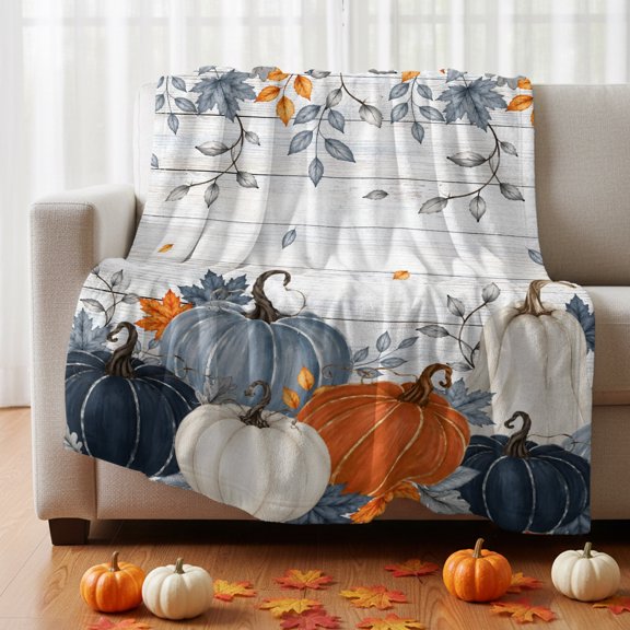 Flannel Fleece Throw Blanket Thanksgiving Pumpkin Fallen Leaves Lightweight Soft Plush Blankets 30x40in, Farm Retro Wood Board Cozy Warm Throw Blanket for Couch Sofa Bed Car Office