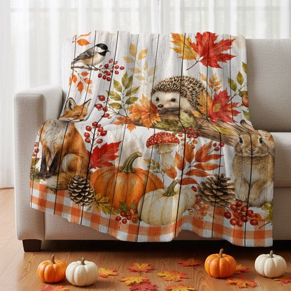 Flannel Fleece Throw Blanket Thanksgiving Red Fox Rabbit Hedgehog Lightweight Soft Plush Blankets 30x40in, Maple Leaves Cozy Warm Throw Blanket for Couch Sofa Bed Car Office