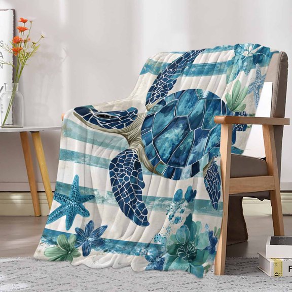 Flannel Fleece Throw Blanket Turquoise Teal Watercolor Turtle Starfish Lightweight Soft Plush Blankets 30x40in, Ocean Marine Life Cozy Warm Throw Blanket for Couch Sofa Bed Car Office