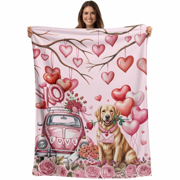 Flannel Fleece Throw Blanket Valentine's Day Gold Hair Lightweight Soft Plush Blankets,Pink Truck Love Rose Flowers Cozy Warm Throw Blanket for Couch Sofa Bed Car Office 40x50in