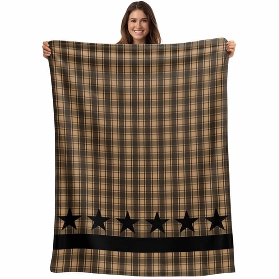 Flannel Fleece Throw Blanket Vintage Black Star on Buffalo Checkered Lightweight Soft Plush Blankets,Western Farm Cozy Warm Throw Blanket for Couch Sofa Bed Car Office 40x50in
