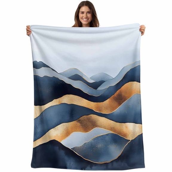 Flannel Fleece Throw Blanket Vintage Dark Blue Brown Waves Lightweight Soft Plush Blankets,Abstract Shape Cozy Warm Throw Blanket for Couch Sofa Bed Car Office 40x50in