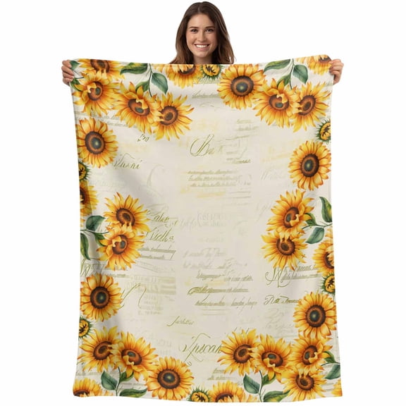 Flannel Fleece Throw Blanket Vintage Farm Sunflower Leaves Lightweight Soft Plush Blankets,Retro Letter Back Cozy Warm Throw Blanket for Couch Sofa Bed Car Office 40x50in