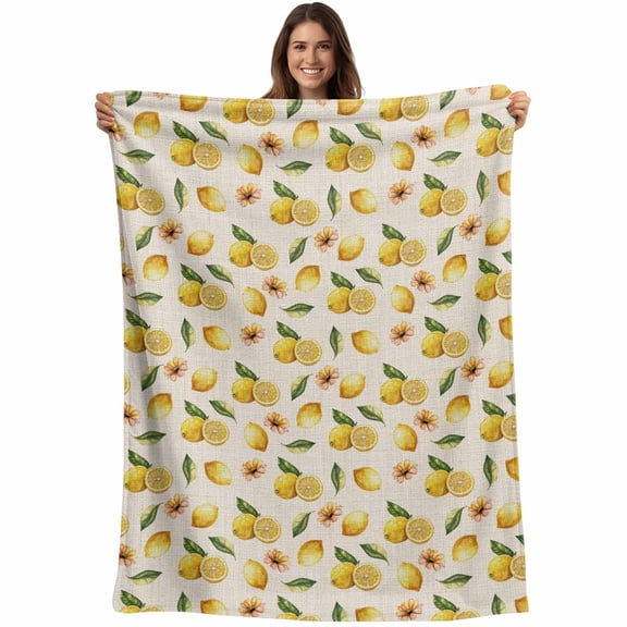 Flannel Fleece Throw Blanket Vintage Lemons on Sackcloth Lightweight Soft Plush Blankets,Farm Yellow Fruit Flowers Cozy Warm Throw Blanket for Couch Sofa Bed Car Office 40x50in