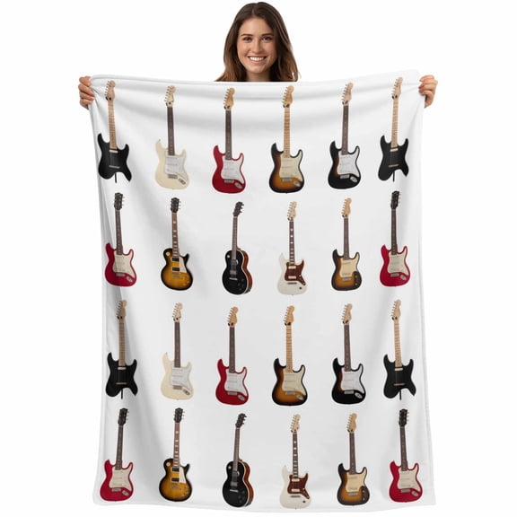 Flannel Fleece Throw Blanket Vintage Musical Instrument Lightweight Soft Plush Blankets,Cartoon Guitar Bass Cozy Warm Throw Blanket for Couch Sofa Bed Car Office 40x50in