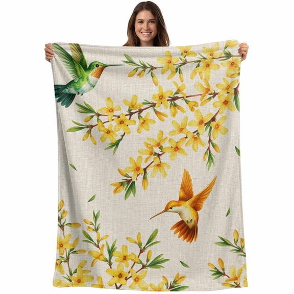 Flannel Fleece Throw Blanket Vintage Spring Flowers on Linen Lightweight Soft Plush Blankets,Birds Leaves Cozy Warm Throw Blanket for Couch Sofa Bed Car Office 40x50in