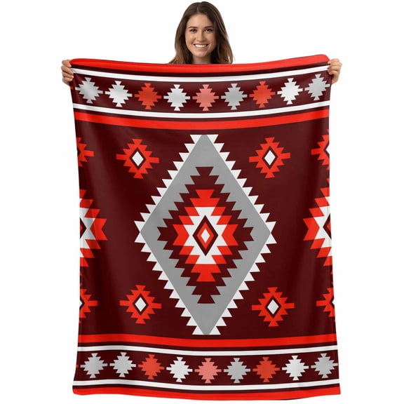 Flannel Fleece Throw Blanket Vintage Tribal Pattern Lightweight Soft Plush Blankets,Abstract Red White Gray Art Cozy Warm Throw Blanket for Couch Sofa Bed Car Office 40x50in