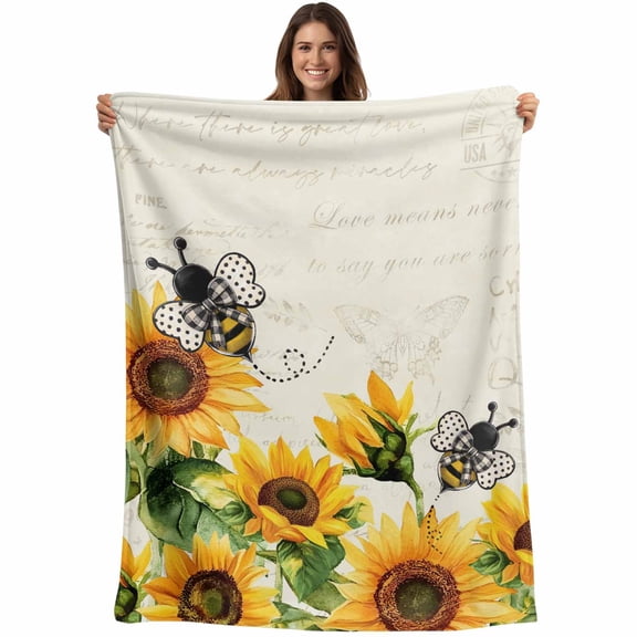 Flannel Fleece Throw Blanket Vintage Yellow Sunflower Bees Lightweight Soft Plush Blankets,Watercolor Farmhouse Floral on Stamp Cozy Warm Throw Blanket for Couch Sofa Bed Car Office 40x50in