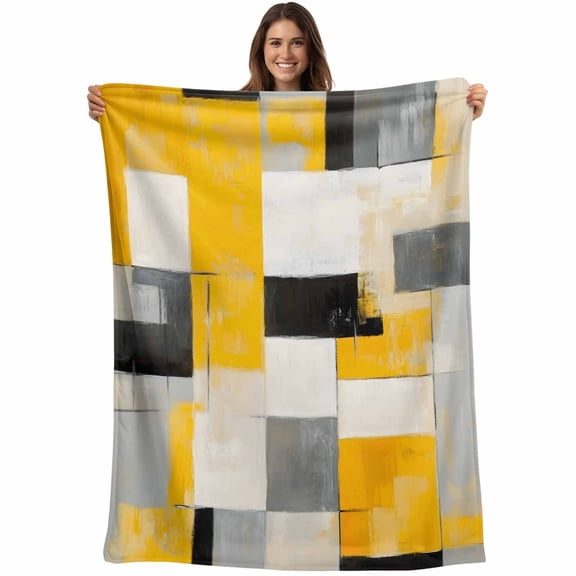 Flannel Fleece Throw Blanket Vintage Yellow White Black Graffiti Lightweight Soft Plush Blankets,Abstract Color Blocks Cozy Warm Throw Blanket for Couch Sofa Bed Car Office 40x50in