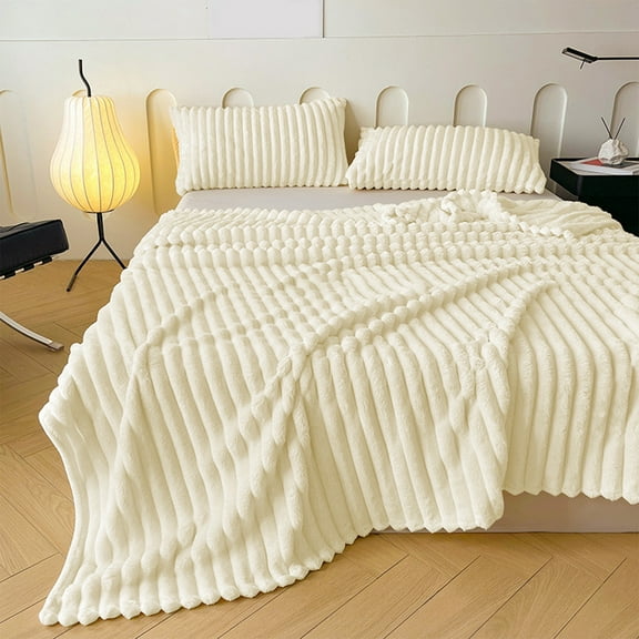 Flannel Fleece Throw Blanket - Warm Soft Striped Couch Bed Blanket, Cozy Microfiber Ribbed Sofa Decor, All-Season Lightweight Blanket for Living Room Bedroom Office