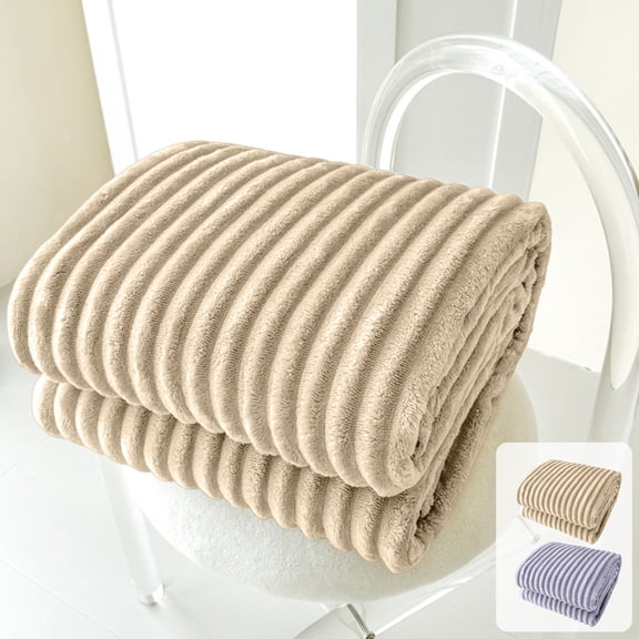 Flannel Fleece Throw Blanket, Warm & Soft Striped Couch and Bed Blanket, Cozy Ribbed Microfiber Sofa Decor for All Seasons, 130x100cm, Coffee/Purple