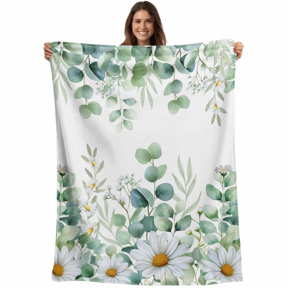 Flannel Fleece Throw Blanket Watercolor Blossom Daisy Leaves Lightweight Soft Plush Blankets,Green Eucalyptus Leaf Floral Cozy Warm Throw Blanket for Couch Sofa Bed Car Office 40x50in