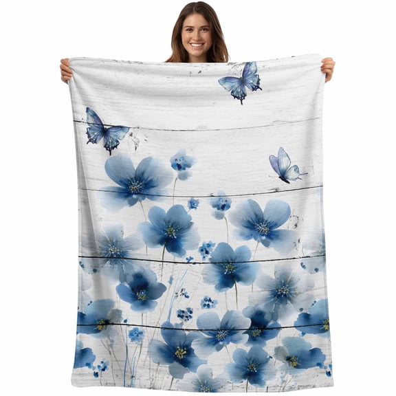 Flannel Fleece Throw Blanket Watercolor Blue Flowers on Wood Board Lightweight Soft Plush Blankets,Butterfly Floral Art Cozy Warm Throw Blanket for Couch Sofa Bed Car Office 40x50in