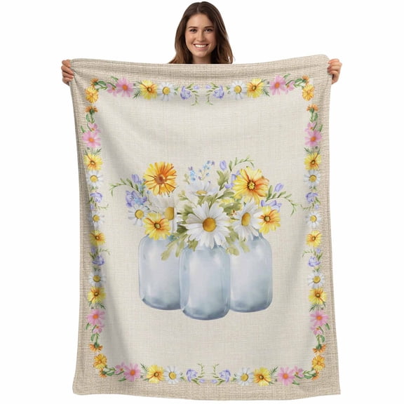 Flannel Fleece Throw Blanket Watercolor Daisy Flower Leaves Lightweight Soft Plush Blankets,Floral Bottle on Burlap Cozy Warm Throw Blanket for Couch Sofa Bed Car Office 40x50in