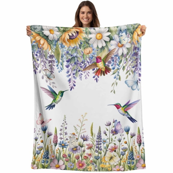 Flannel Fleece Throw Blanket Watercolor Daisy Sunflower Bird Lightweight Soft Plush Blankets,Spring Garden Floral Art Cozy Warm Throw Blanket for Couch Sofa Bed Car Office 40x50in