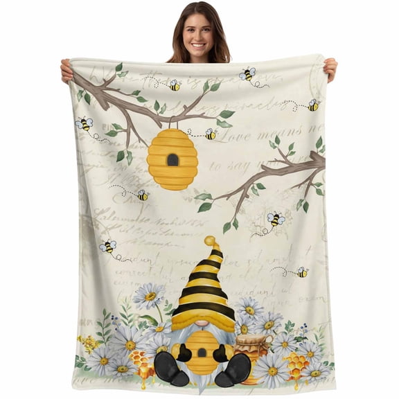 Flannel Fleece Throw Blanket Watercolor Farmhouses Gnome Lightweight Soft Plush Blankets,Daisy Bees on Letter Cozy Warm Throw Blanket for Couch Sofa Bed Car Office 40x50in