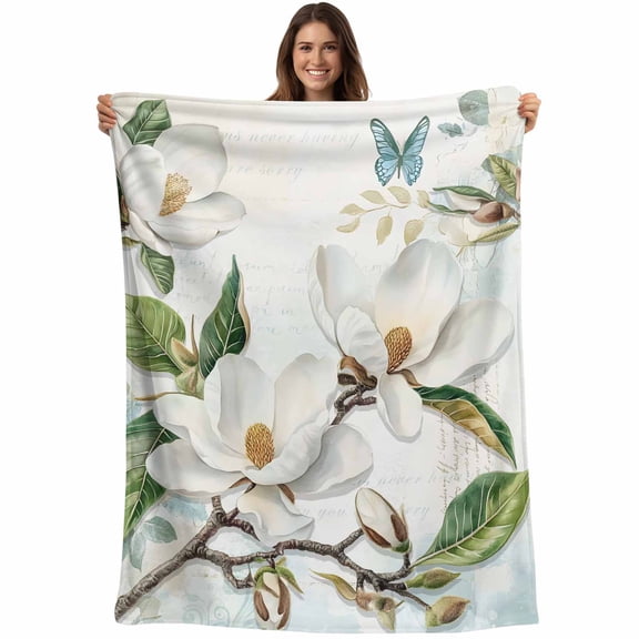 Flannel Fleece Throw Blanket Watercolor Flower on Vintage Letter Lightweight Soft Plush Blankets,Spring Green Leaves Cozy Warm Throw Blanket for Couch Sofa Bed Car Office 40x50in