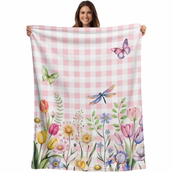 Flannel Fleece Throw Blanket Watercolor Flowers Daisy Leaves Dragonflies Lightweight Soft Plush Blankets,Pink Plaid Cozy Warm Throw Blanket for Couch Sofa Bed Car Office 40x50in