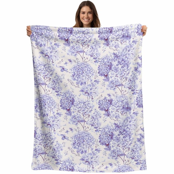 Flannel Fleece Throw Blanket Watercolor Hydrangea Floral Lightweight Soft Plush Blankets,Purple Flowers Cozy Warm Throw Blanket for Couch Sofa Bed Car Office 40x50in