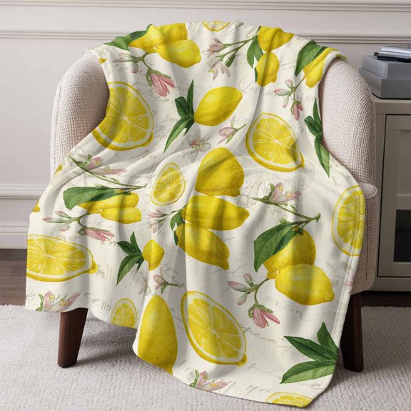 Flannel Fleece Throw Blanket Watercolor Lemon Flower Leaves Lightweight Soft Plush Blankets,Vintage Letter Stamp Cozy Warm Throw Blanket for Couch Sofa Bed Car Office All Season Use 60x80in