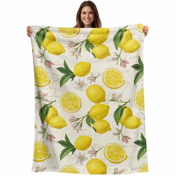 Flannel Fleece Throw Blanket Watercolor Lemon Flower Leaves Lightweight Soft Plush Blankets,Vintage Letter Stamp Cozy Warm Throw Blanket for Couch Sofa Bed Car Office All Season Use 40x50in