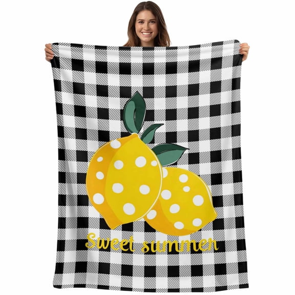 Flannel Fleece Throw Blanket Watercolor Lemon Sweet Summer Words Lightweight Soft Plush Blankets,Black White Plaid Cozy Warm Throw Blanket for Couch Sofa Bed Car Office 40x50in
