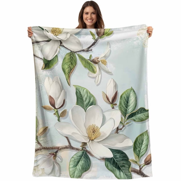 Flannel Fleece Throw Blanket Watercolor Magnolia Flower Lightweight Soft Plush Blankets,Retro Farmhouse Floral Leaf Cozy Warm Throw Blanket for Couch Sofa Bed Car Office 40x50in