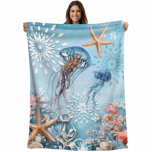 Flannel Fleece Throw Blanket Watercolor Ocean Jellyfish Starfish Lightweight Soft Plush Blankets,Marine Life Coral Seaweed Cozy Warm Throw Blanket for Couch Sofa Bed Car Office 40x50in