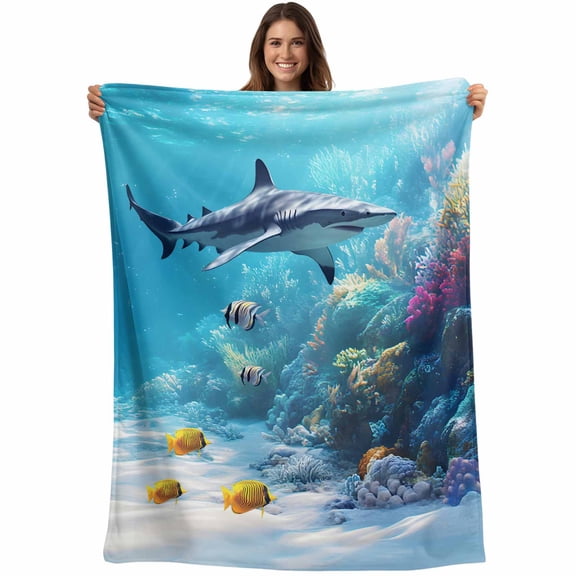 Flannel Fleece Throw Blanket Watercolor Ocean Shark Coral Fish Lightweight Soft Plush Blankets,Underwater Animal Cozy Warm Throw Blanket for Couch Sofa Bed Car Office 40x50in