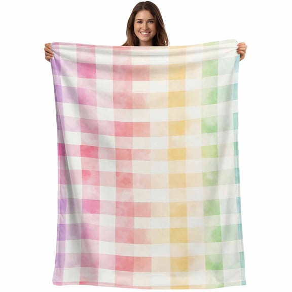 Flannel Fleece Throw Blanket Watercolor Pastoral Buffalo Check Lightweight Soft Plush Blankets,Colorful Stripe Plaid Cozy Warm Throw Blanket for Couch Sofa Bed Car Office 40x50in
